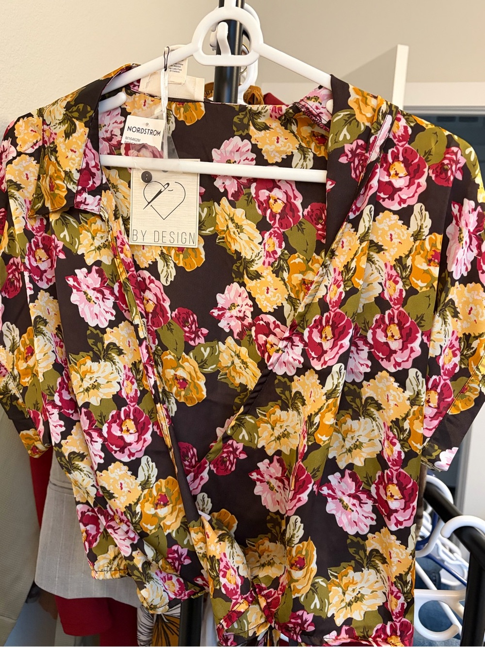 Nordstrom By Design Brown Floral Wrap Blouse with Pink & Yellow Blooms